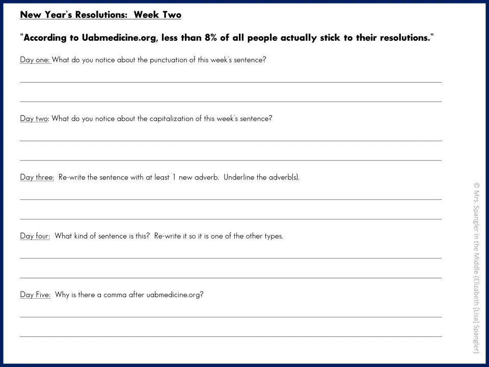 Week two mentor-sentence questions use the claim that less than 8% of people stick to their resolutions