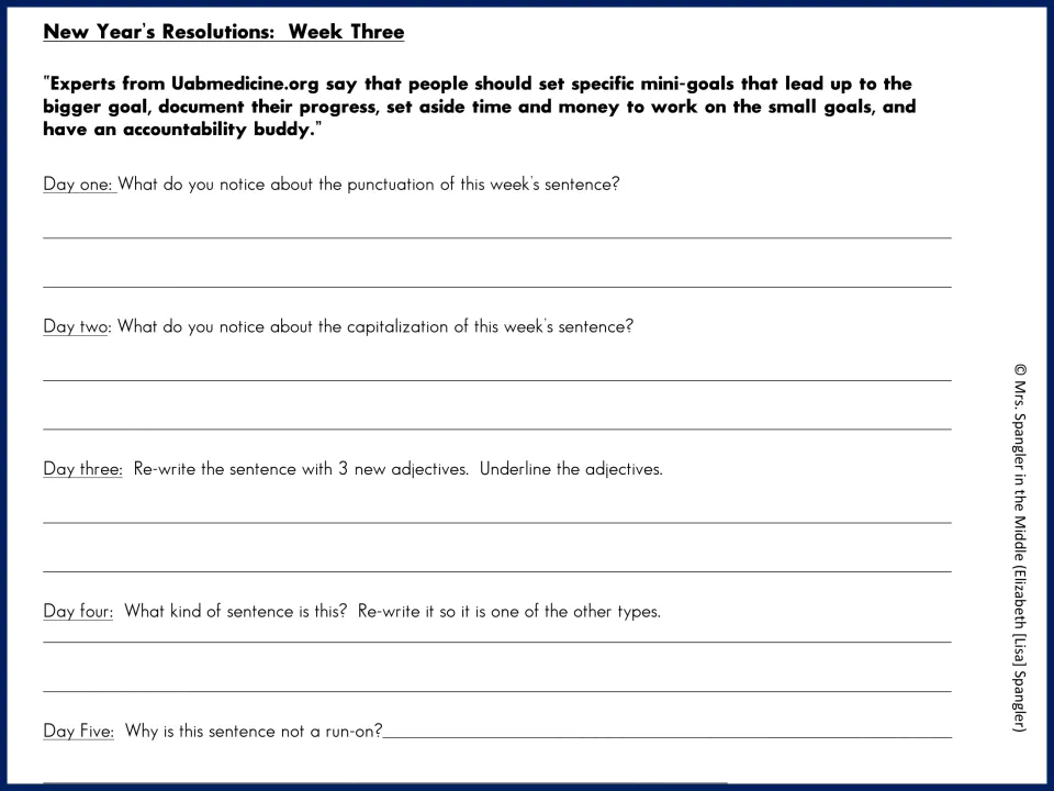 Week three mentor-sentence questions use a sentence about mini-goals and ask why it is not a run-on