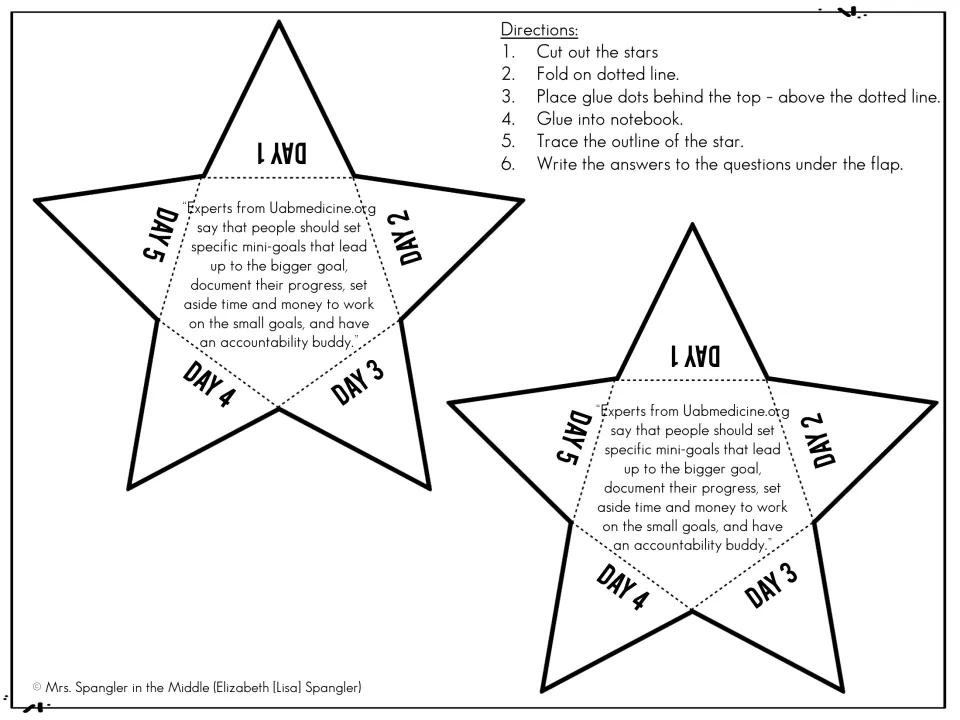 Week three notebook foldables: two stars hold the mini-goals mentor sentence and flaps labeled Day 1–5