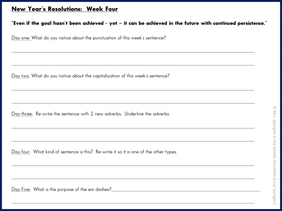 Week four mentor-sentence questions examine persistence, adding two adverbs, and the purpose of em dashes