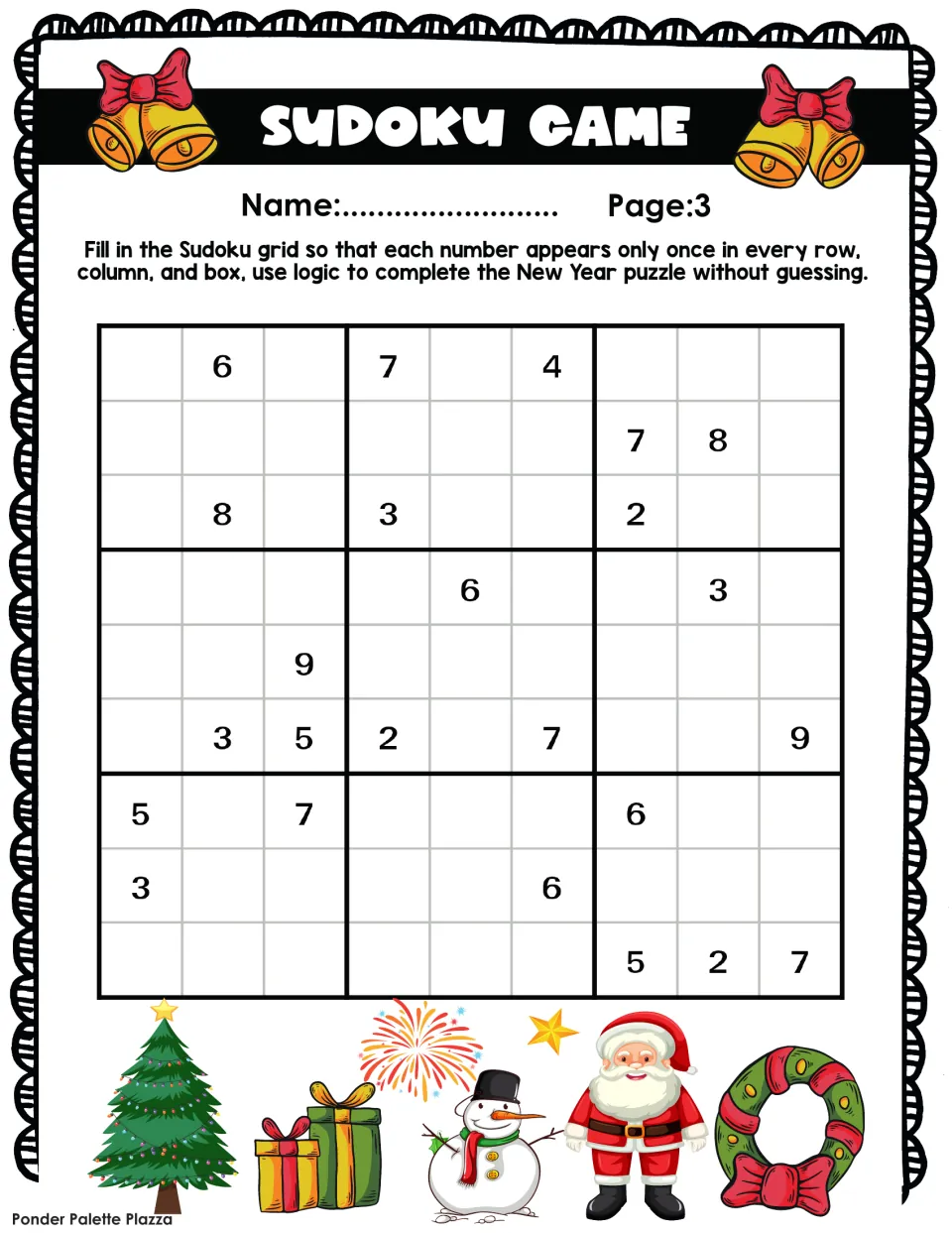 New Year sudoku 3: students work out each missing digit so none repeats in a row, column or box; bottom row gives 5, 2, 7
