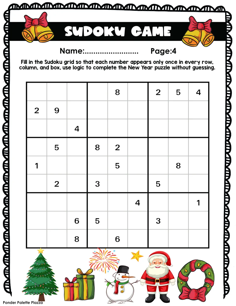 New Year sudoku 4: students fill blank cells by elimination so each row, column and box holds 1-9; top row ends 2, 5, 4
