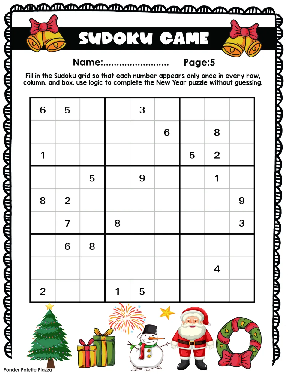 New Year sudoku 5: logic practice placing missing numbers by row, column and box rules; top row opens with 6, 5 and a 3