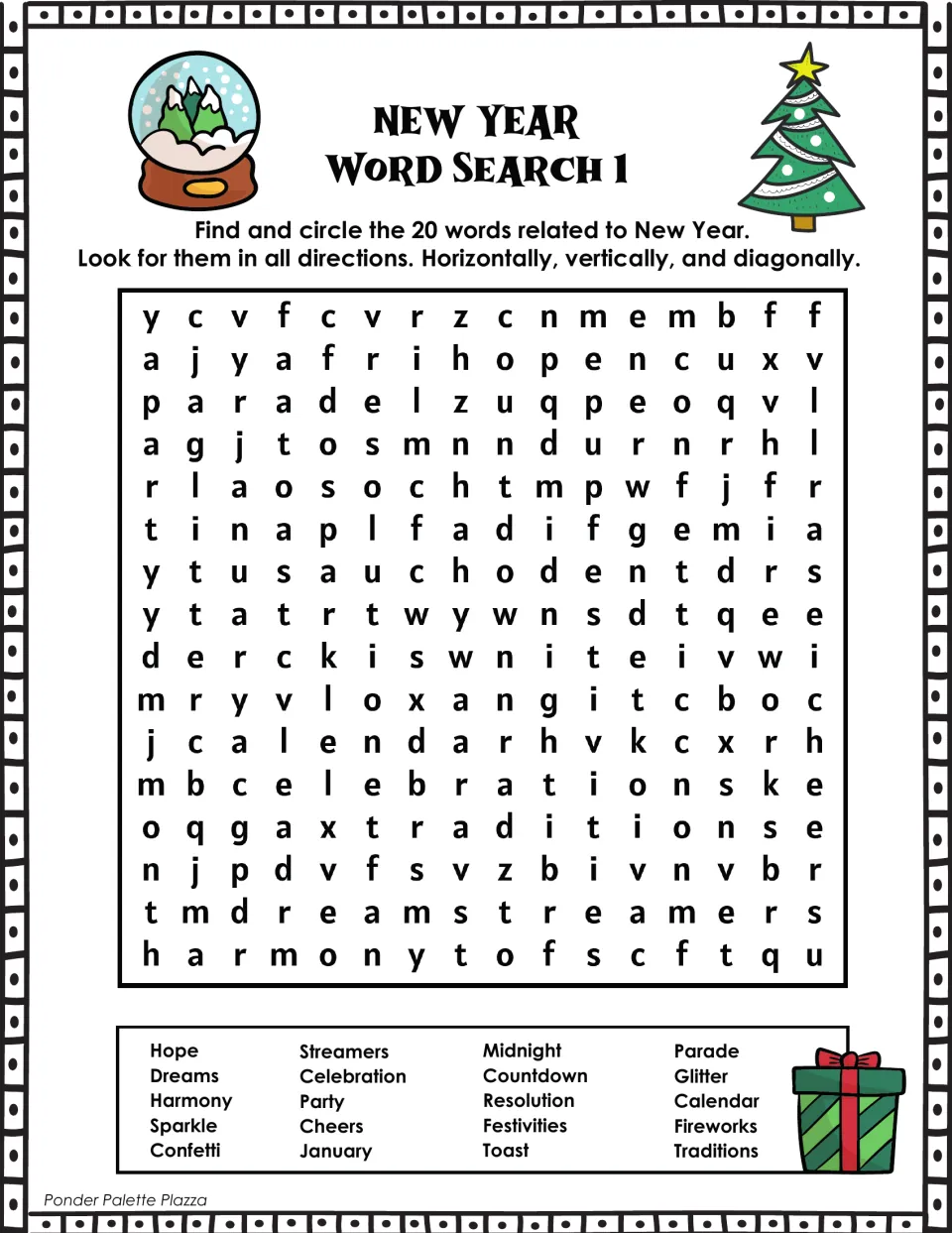 New Year Word Search 1: students find and circle 20 words like midnight, countdown, confetti and resolution