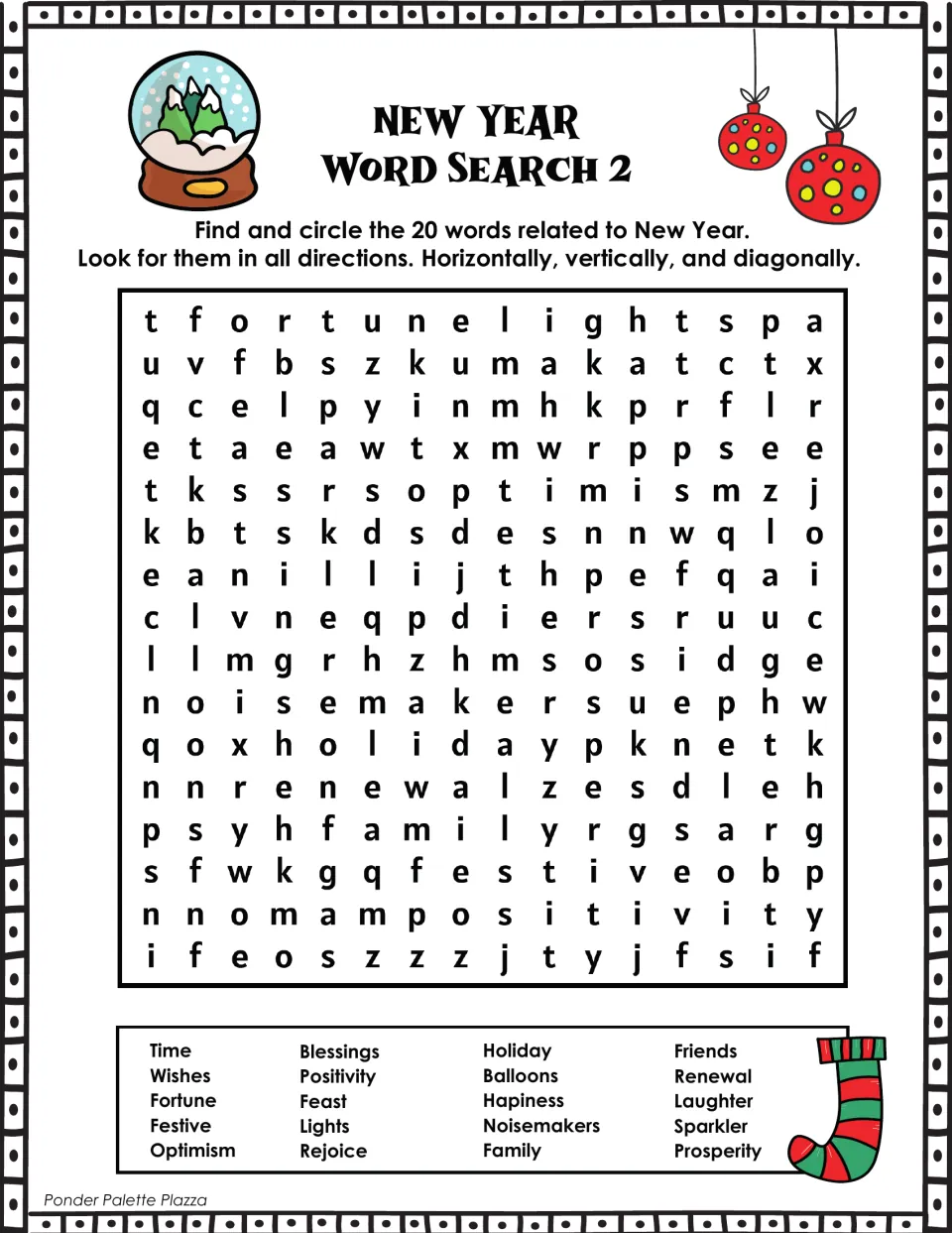 New Year Word Search 2: students find and circle 20 words such as fortune, renewal, noisemakers and prosperity