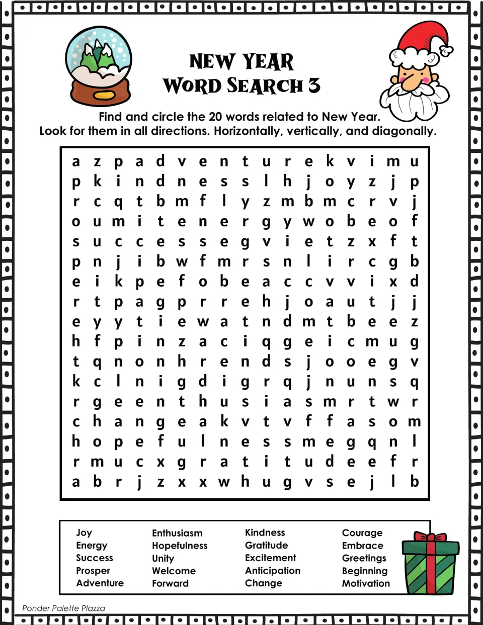 New Year Word Search 3: students find and circle 20 words like kindness, gratitude, courage and motivation