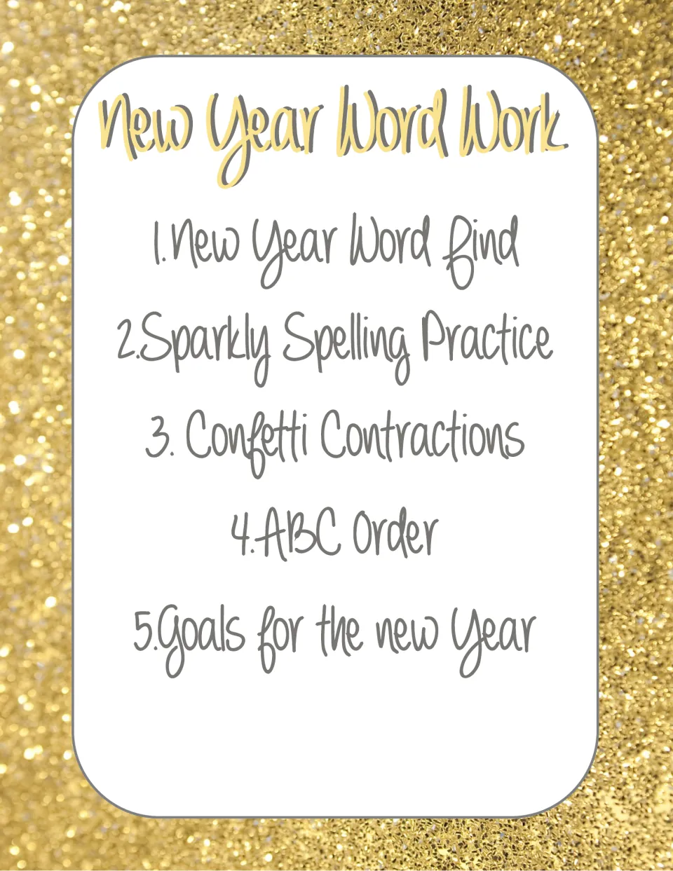 New Year Word Work cover listing five activities: word find, spelling, contractions, ABC order and new year goals