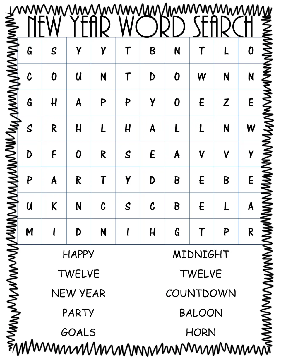 New Year word search: students find holiday words such as countdown, midnight, party, goals and horn