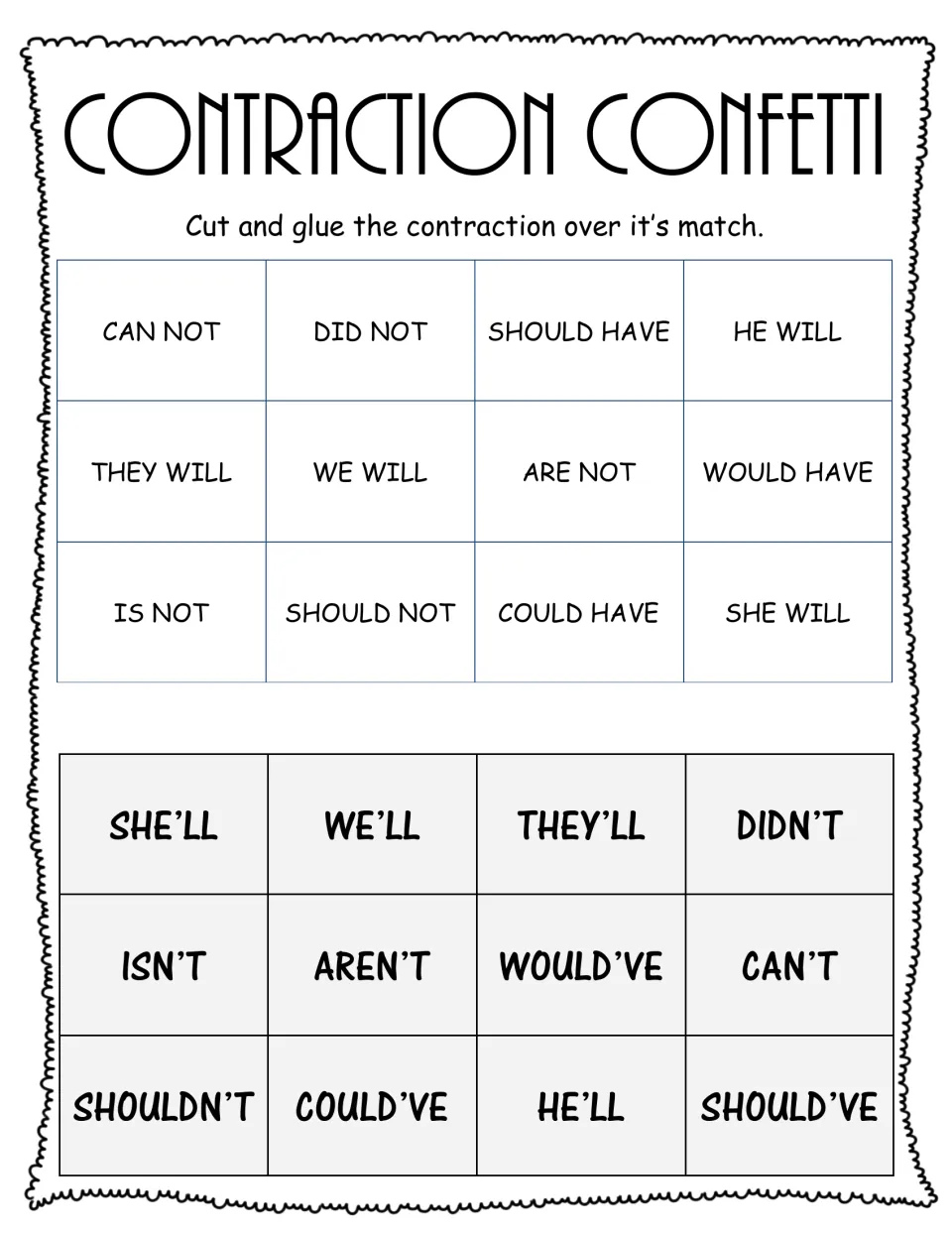 Contraction Confetti: students cut 12 contractions like can't and she'll and glue each over its matching two-word phrase