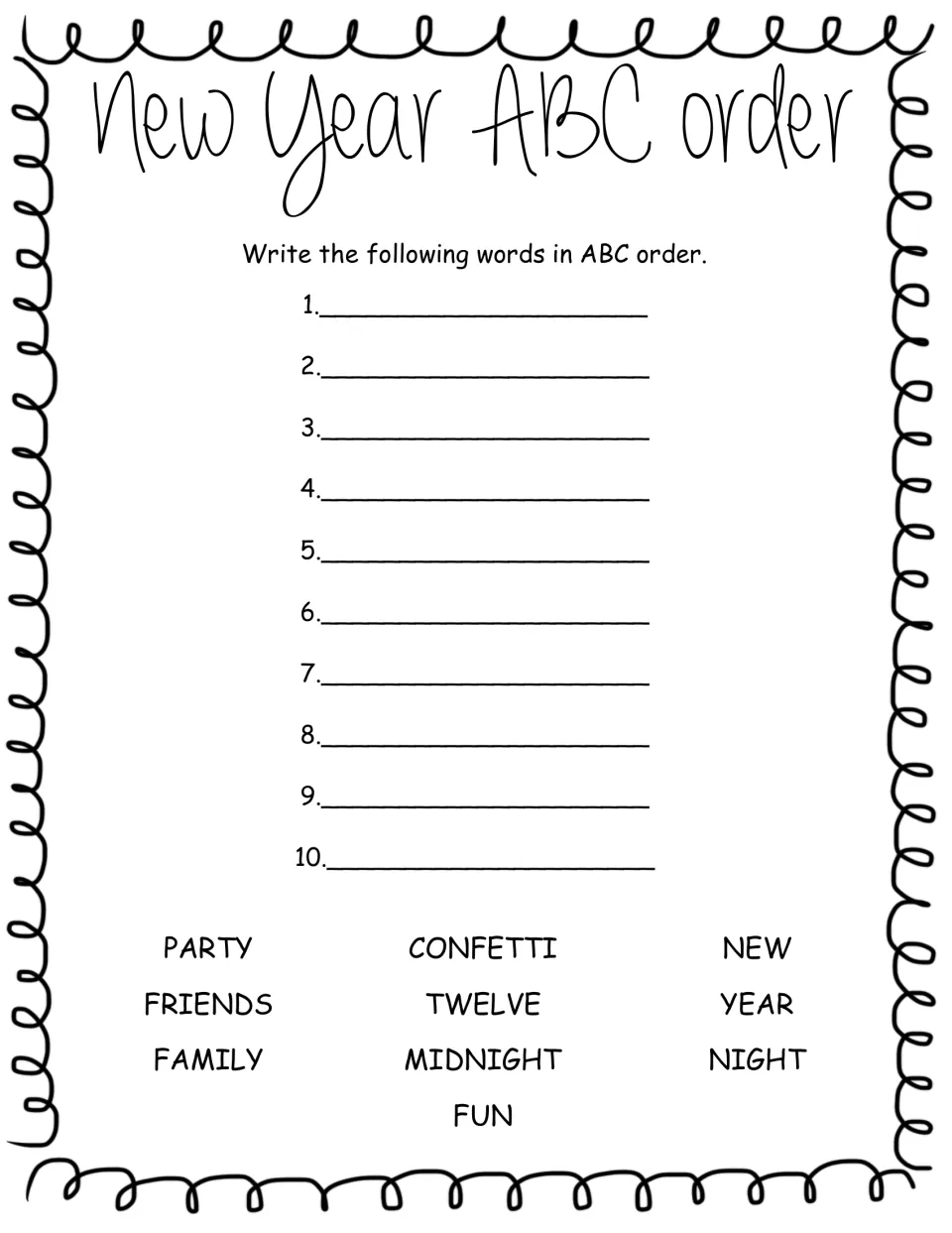 New Year ABC order: students alphabetize ten holiday words such as party, confetti, friends, midnight and fun