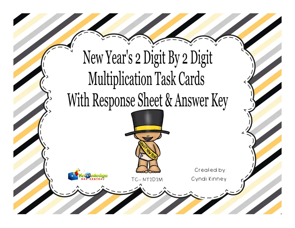 Cover: New Year's 2-digit by 2-digit multiplication task cards with response sheet and answer key, baby in a top hat