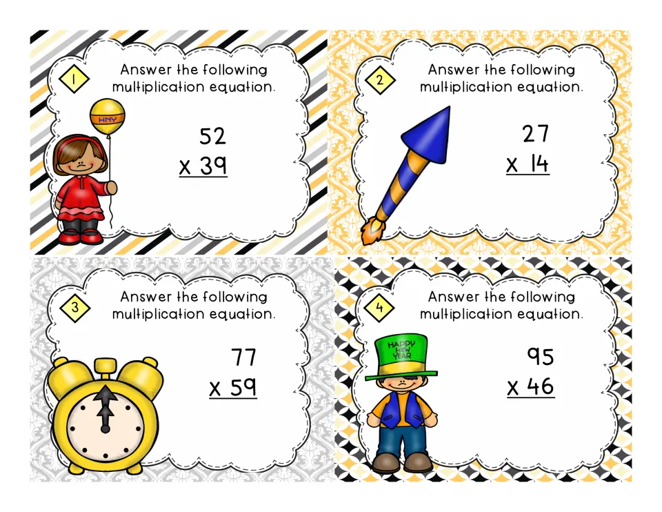 Task cards 1 to 4: students multiply 2-digit numbers, 52 x 39, 27 x 14, 77 x 59 and 95 x 46, on New Year's cards