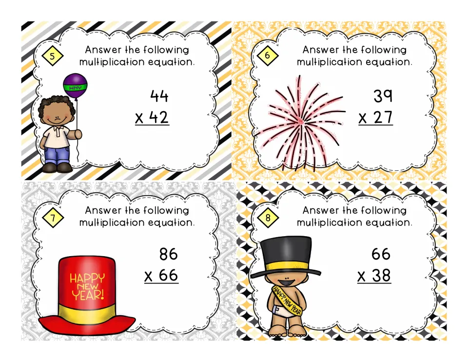 Task cards 5 to 8: students solve 2-digit multiplication problems 44 x 42, 39 x 27, 86 x 66 and 66 x 38