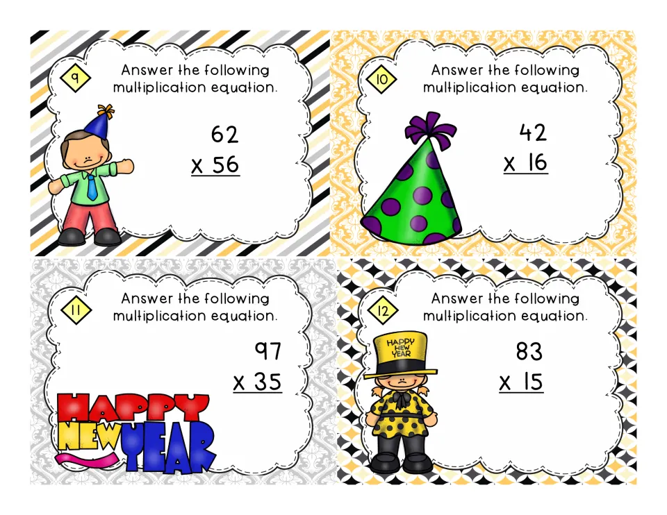 Task cards 9 to 12: students find the products of 62 x 56, 42 x 16, 97 x 35 and 83 x 15 using 2-digit multiplication