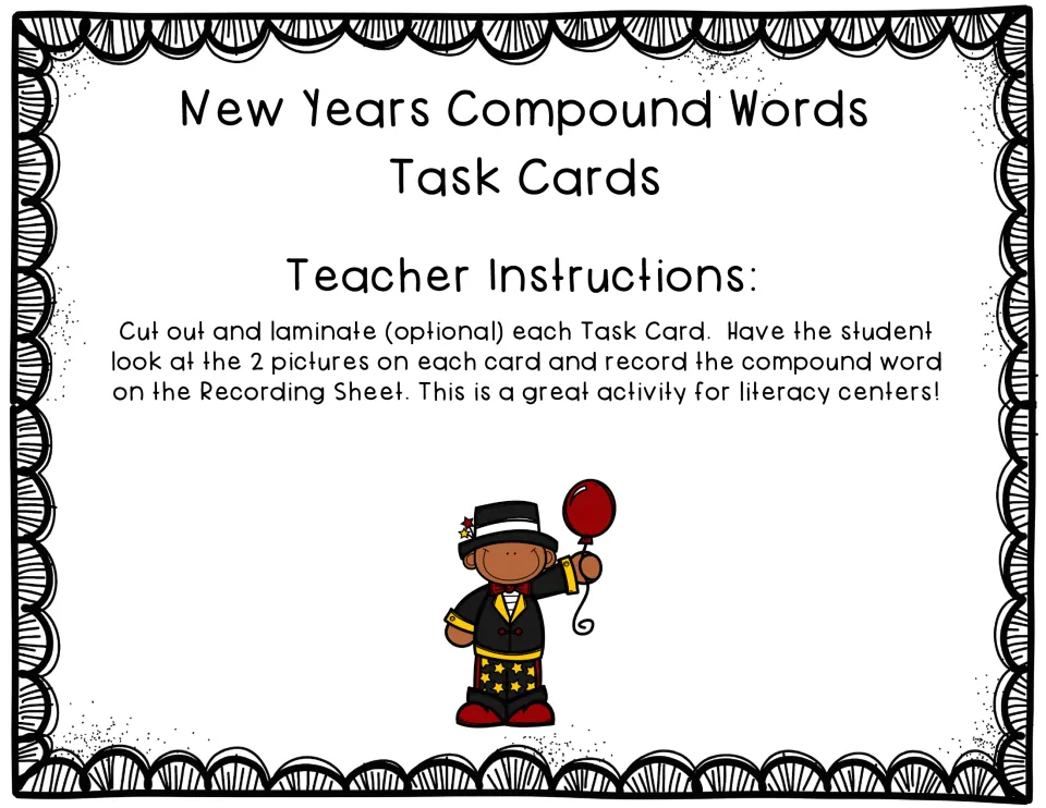 Teacher instructions: cut out the task cards, optionally laminate, and record compound words from picture pairs