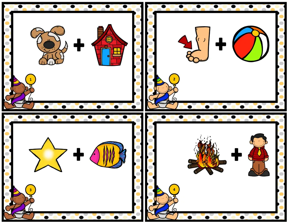 Compound-word task cards 1–4 show picture pairs: dog + house, foot + ball, star + fish, and fire + man