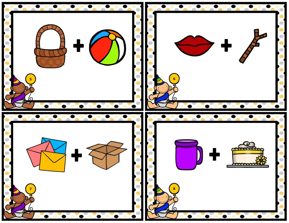 Compound-word task cards 5–8 show picture pairs: basket + ball, lips + stick, mail + box, and cup + cake