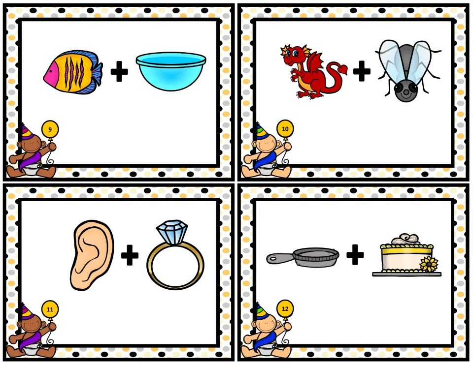 Compound-word task cards 9–12 show picture pairs: fish + bowl, dragon + fly, ear + ring, and pan + cake