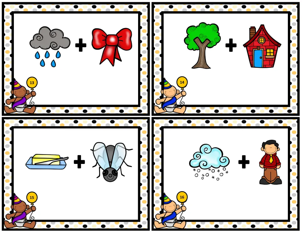 Compound-word task cards 13–16 show picture pairs: rain + bow, tree + house, butter + fly, and snow + man