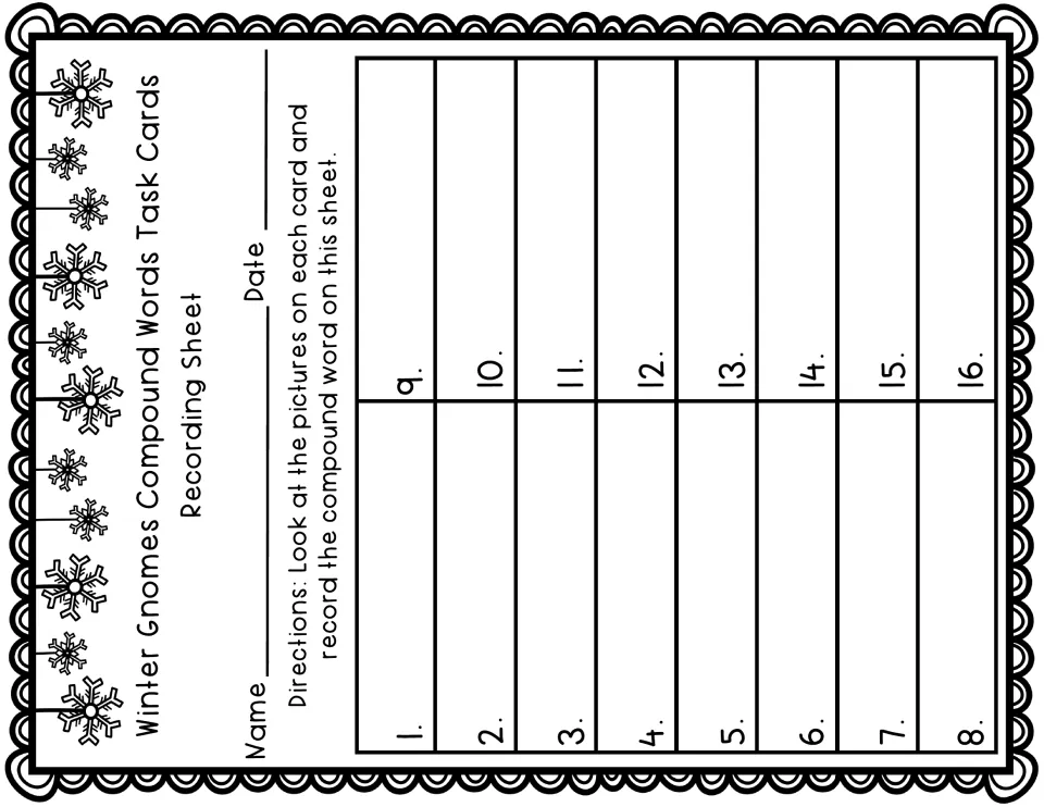 Recording sheet for task cards 1–16 directs students to look at each card's pictures and write the compound word