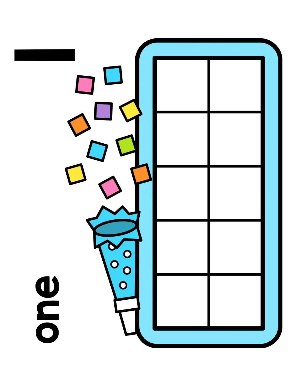 Number 1 counting mat with the word one: students place a single counter on the ten frame beside a New Year's party popper
