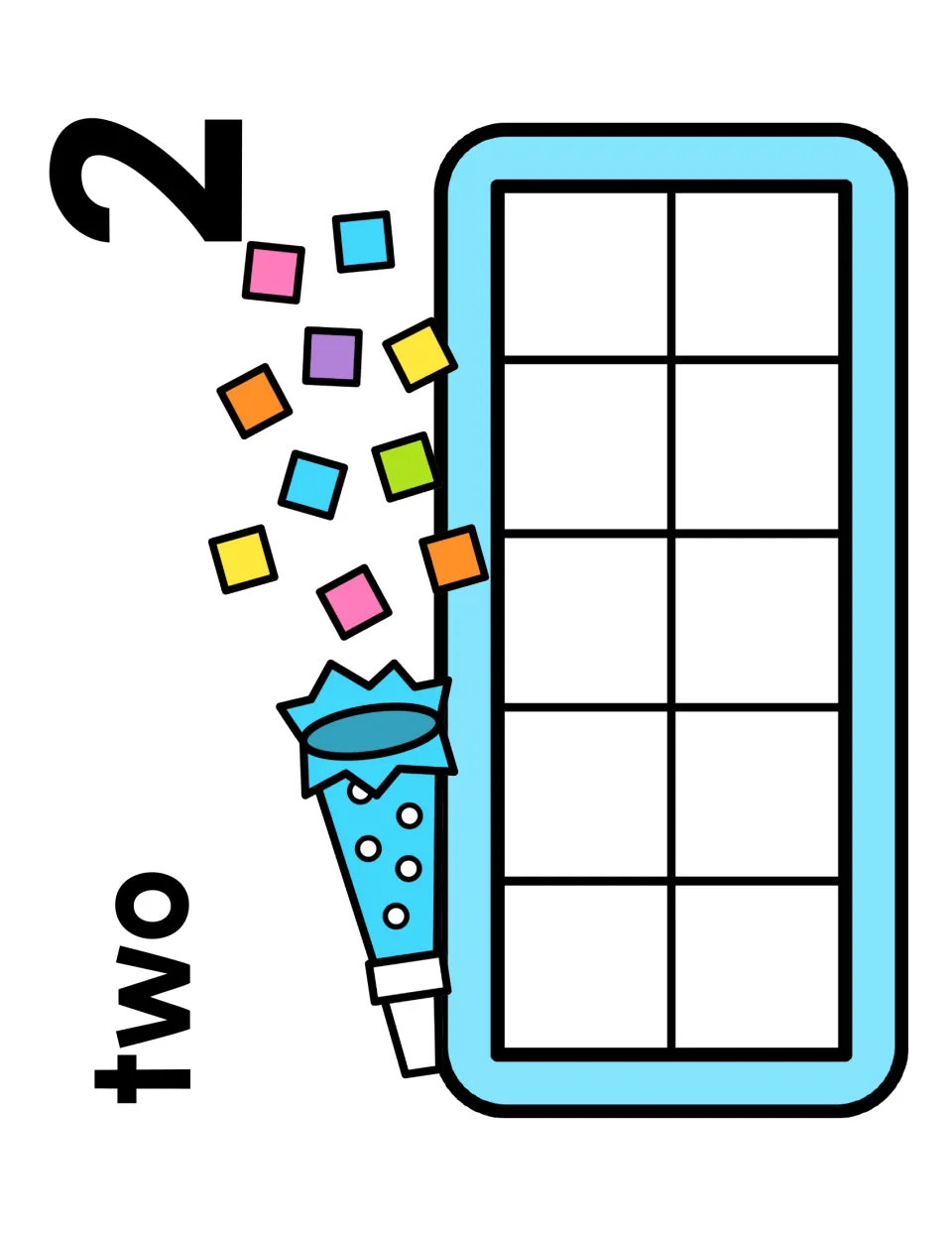 Number 2 counting mat labeled two: students count out two counters and place them on the ten frame by a party popper