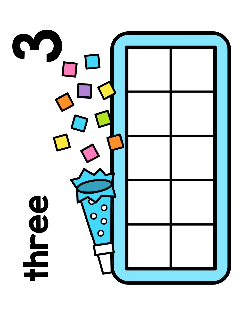 Number 3 mat with the word three: students show three on the ten frame with counters, matching the numeral to a quantity