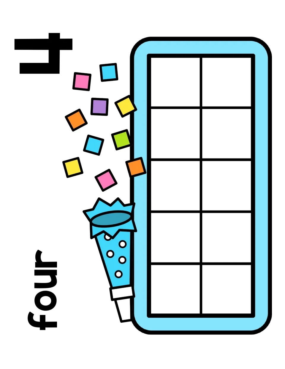 Number 4 counting mat labeled four: children fill four spaces of the ten frame with counters beside colorful party confetti
