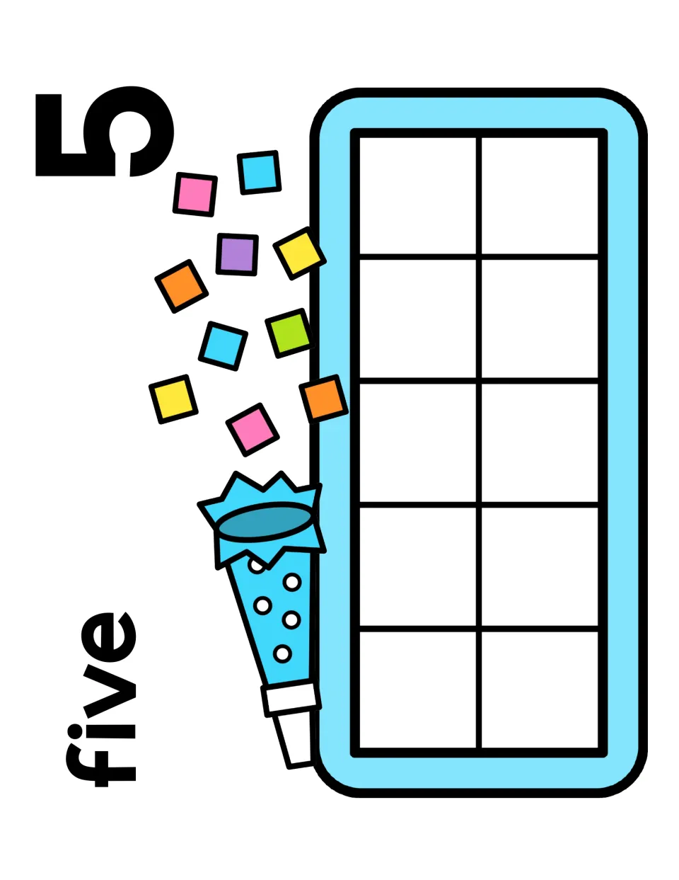 Number 5 mat with the word five: students fill half of the ten frame with five counters to see five as half of ten