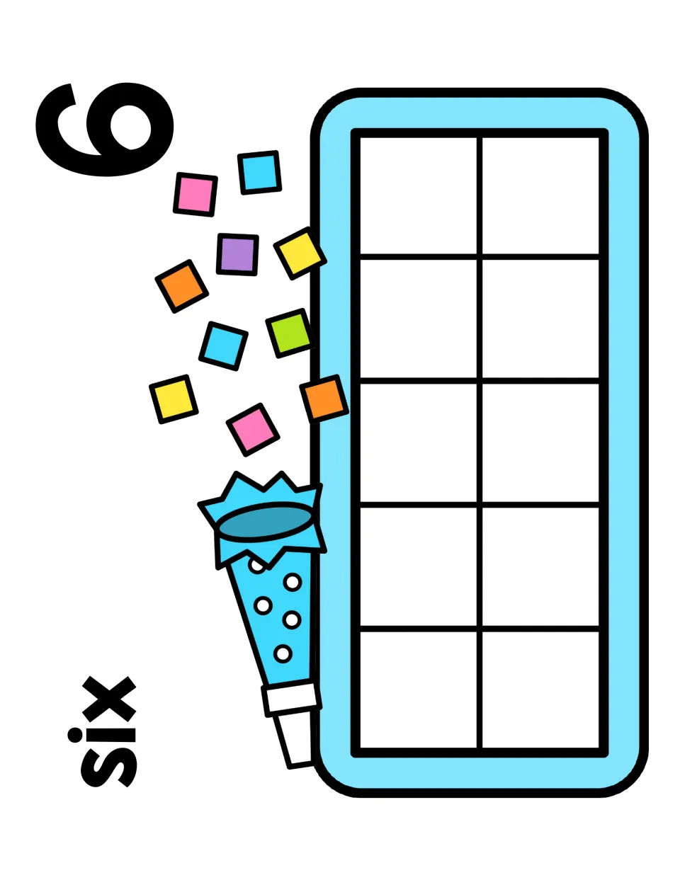 Number 6 counting mat labeled six: students build six on the ten frame with counters, five plus one, beside a party popper