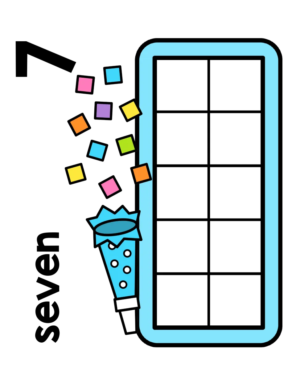 Number 7 mat with the word seven: children count seven counters onto the ten frame and check how many spaces stay empty