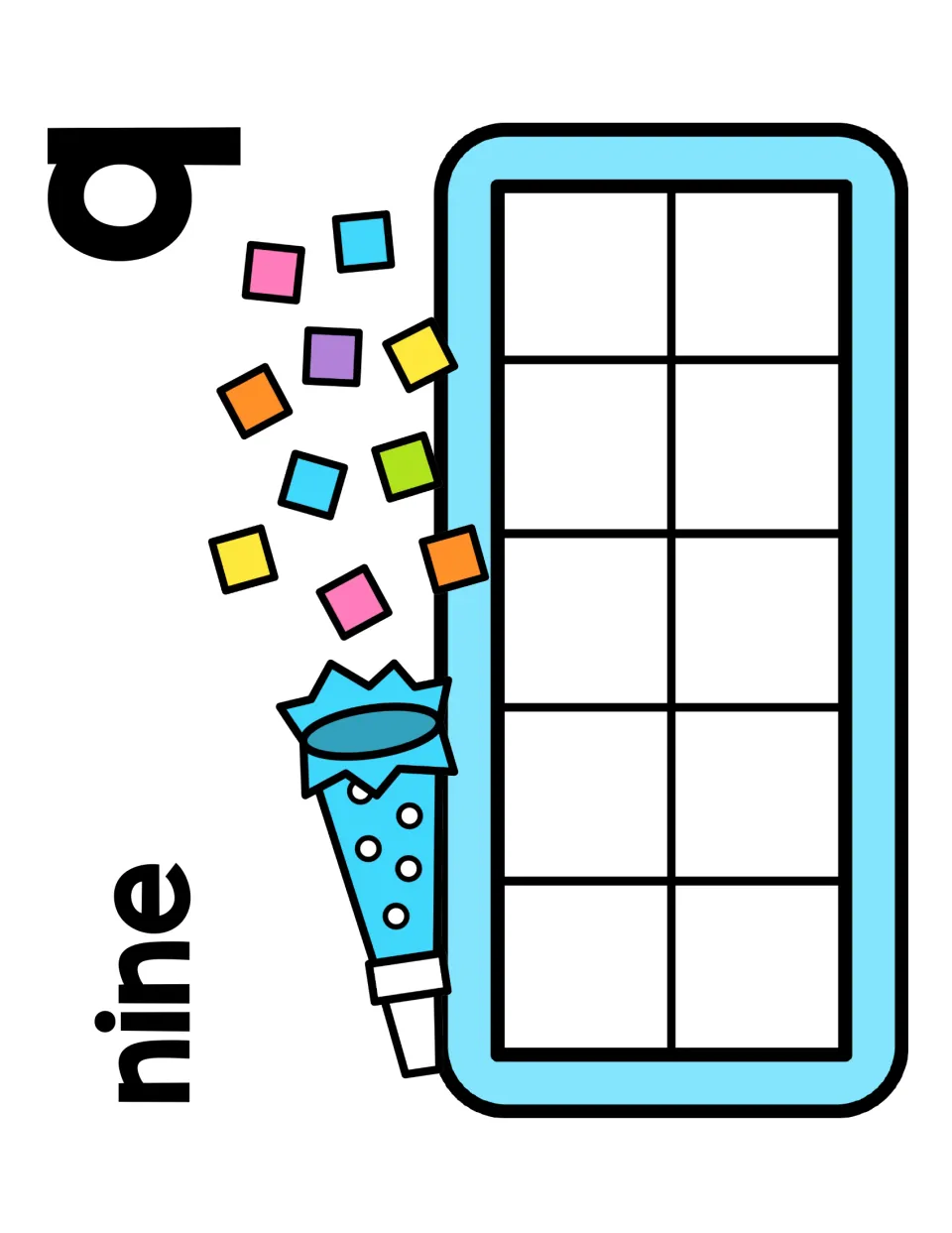 Number 9 mat with the word nine: students fill nine of the ten frame spaces with counters and notice that one is left empty