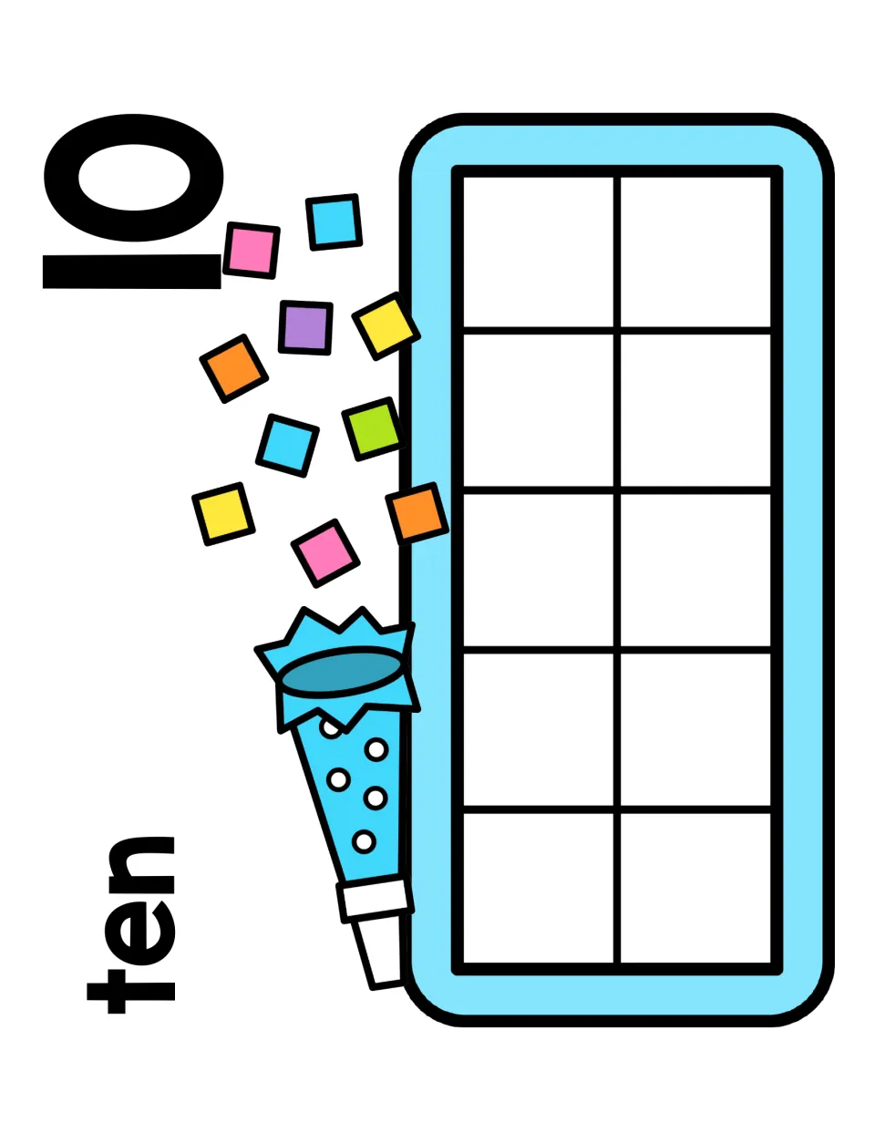 Number 10 counting mat labeled ten: students fill every space of the ten frame with counters to show a complete ten