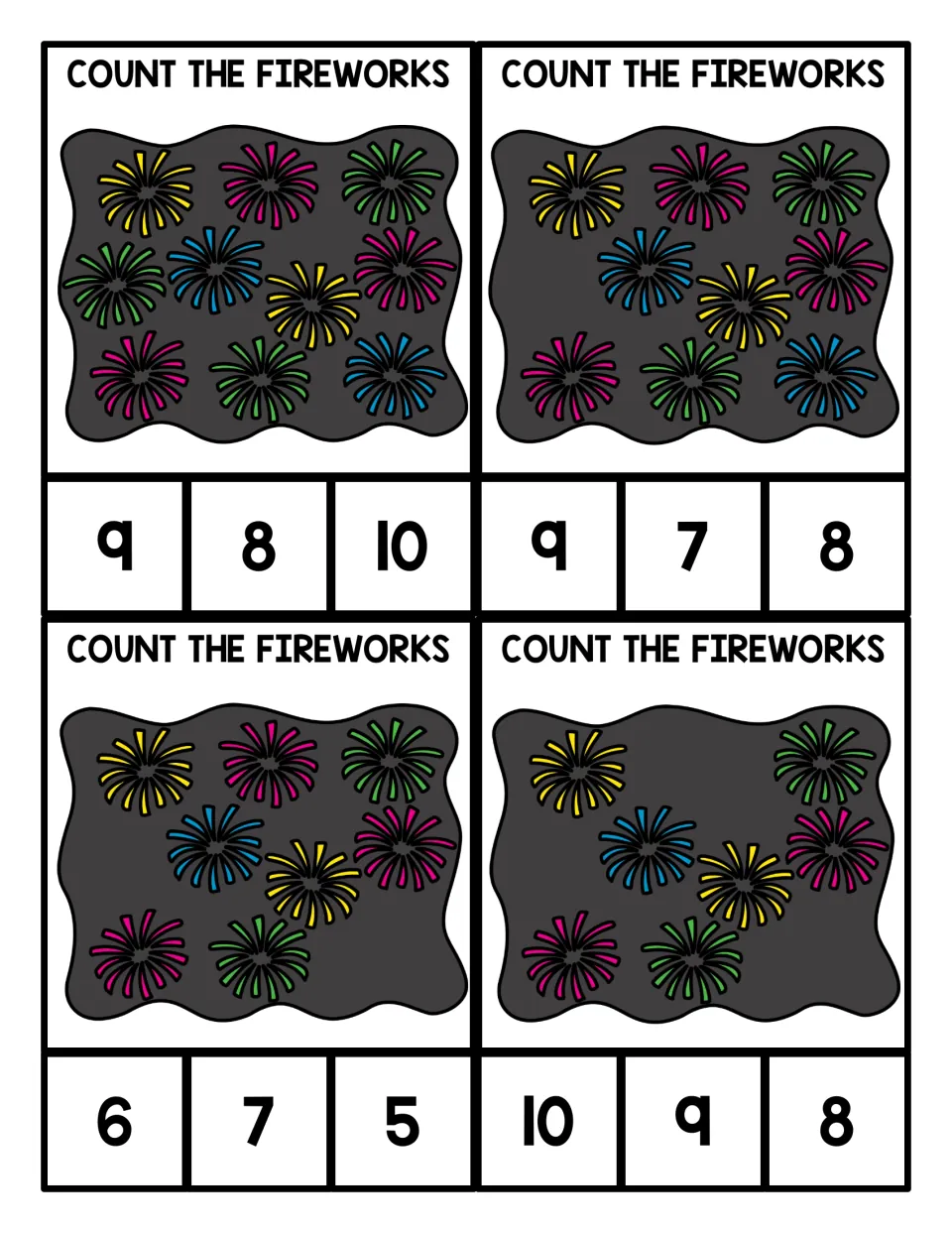 Count the Fireworks: students count fireworks on four clip cards and clip the matching number, with choices from 5 to 10