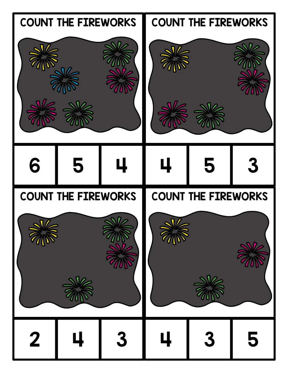 Fireworks counting cards: students count smaller sets of fireworks and clip the correct number from choices 2 to 6
