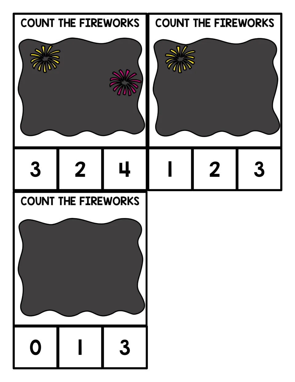 Fireworks counting cards for 0 to 2: students count one, two or no fireworks and clip the matching number