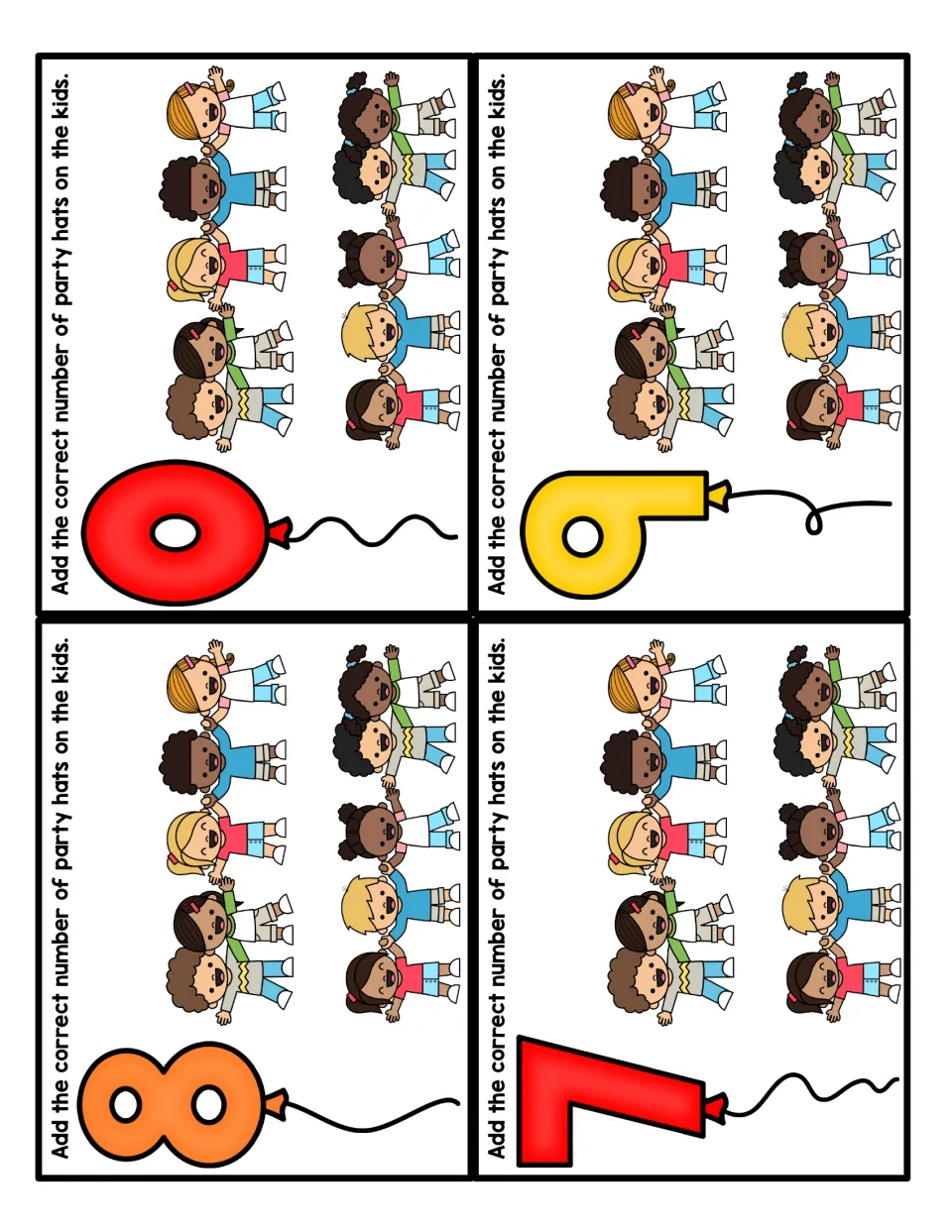 New Year counting cards with balloon numbers including 8 and 7: students add that many party hats to the 10 pictured kids