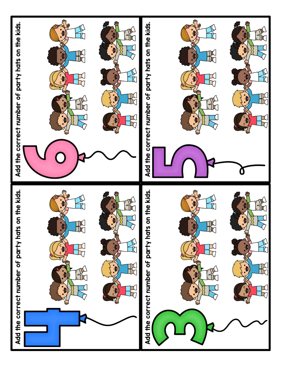 Party hat counting cards for balloon numbers 6, 5, 4 and 3: students count out and add hats to match each number shown