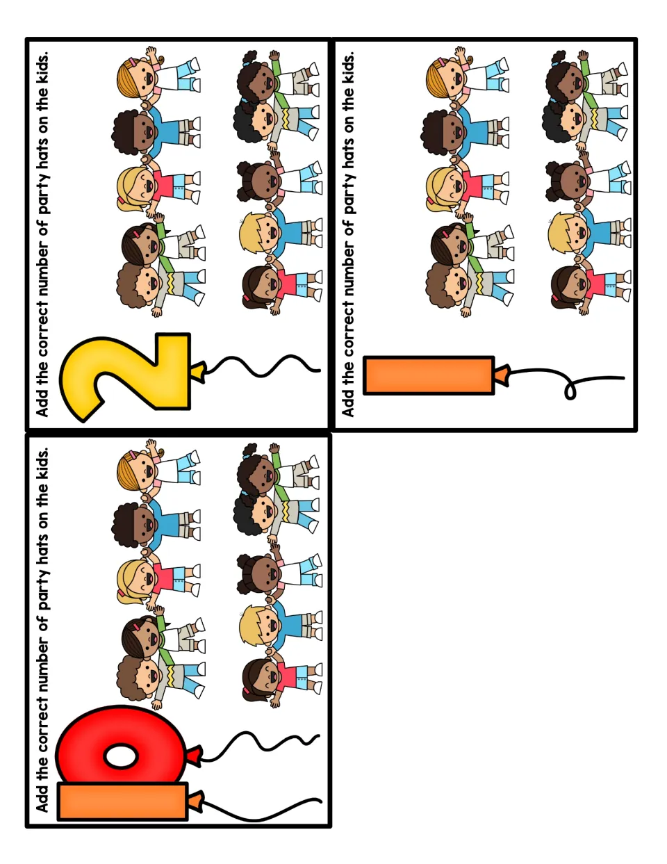 Counting cards for balloon numbers 2, 1 and 10: students put the matching number of party hats on the cartoon kids