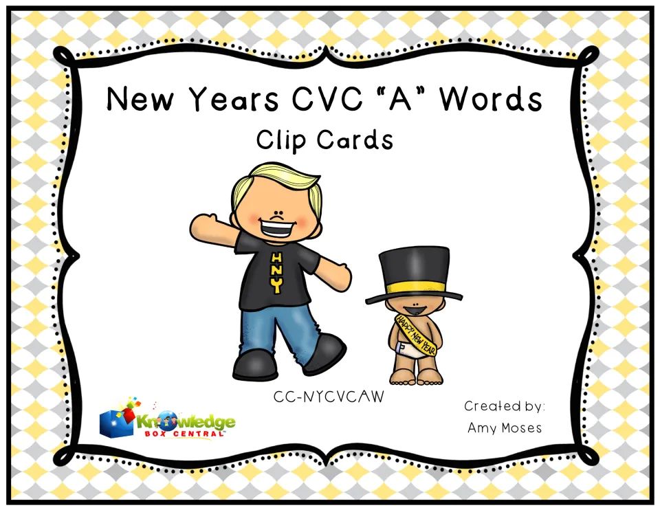 Cover of New Year's CVC "A" Words Clip Cards, created by Amy Moses and published by Knowledge Box Central