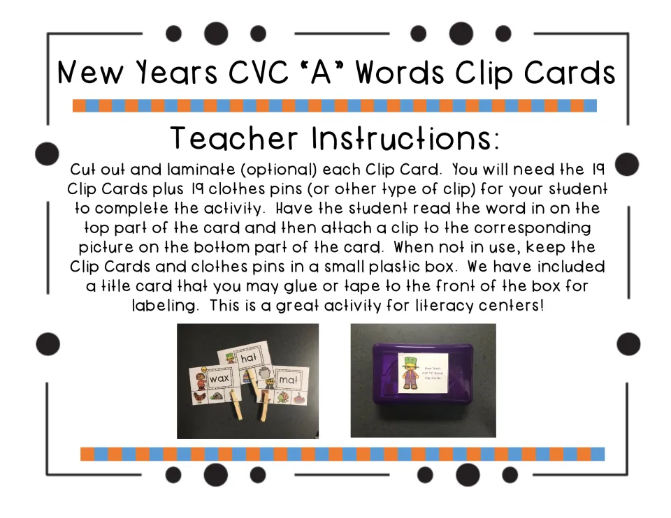 Teacher instructions for preparing 19 clip cards, matching words to pictures with clips, and storing the set