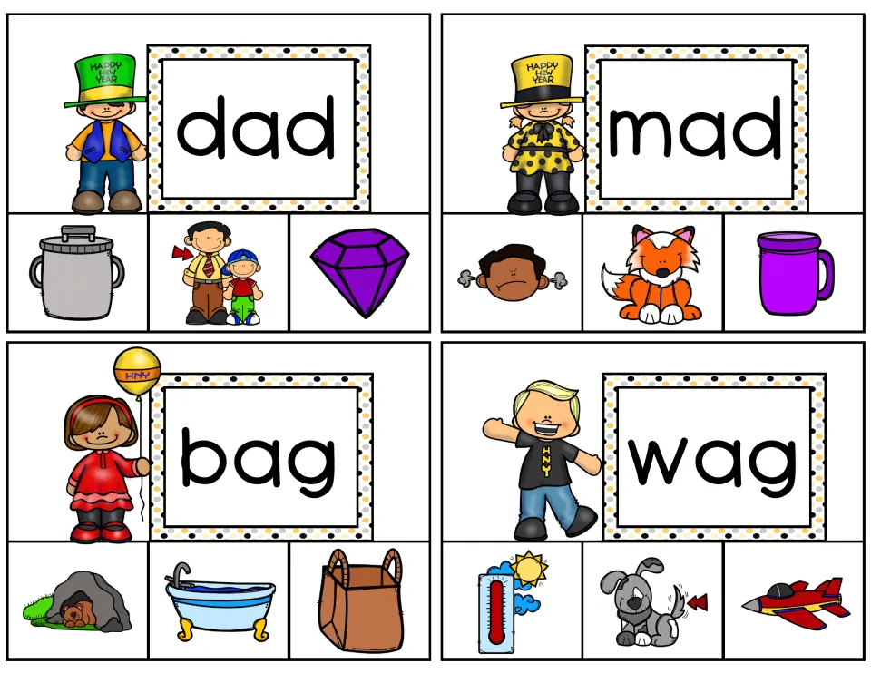 Short-a clip cards 1–4 feature dad, mad, bag, and wag, each with three picture choices for word matching