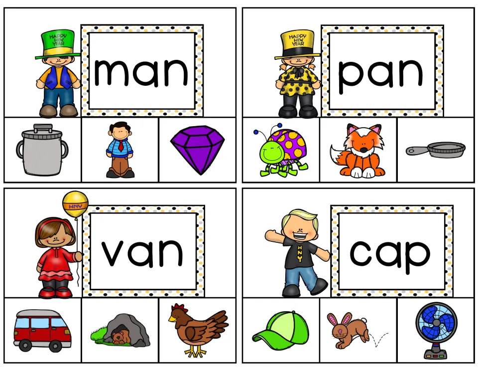 Short-a clip cards 5–8 feature man, pan, van, and cap, each with three picture choices for word matching