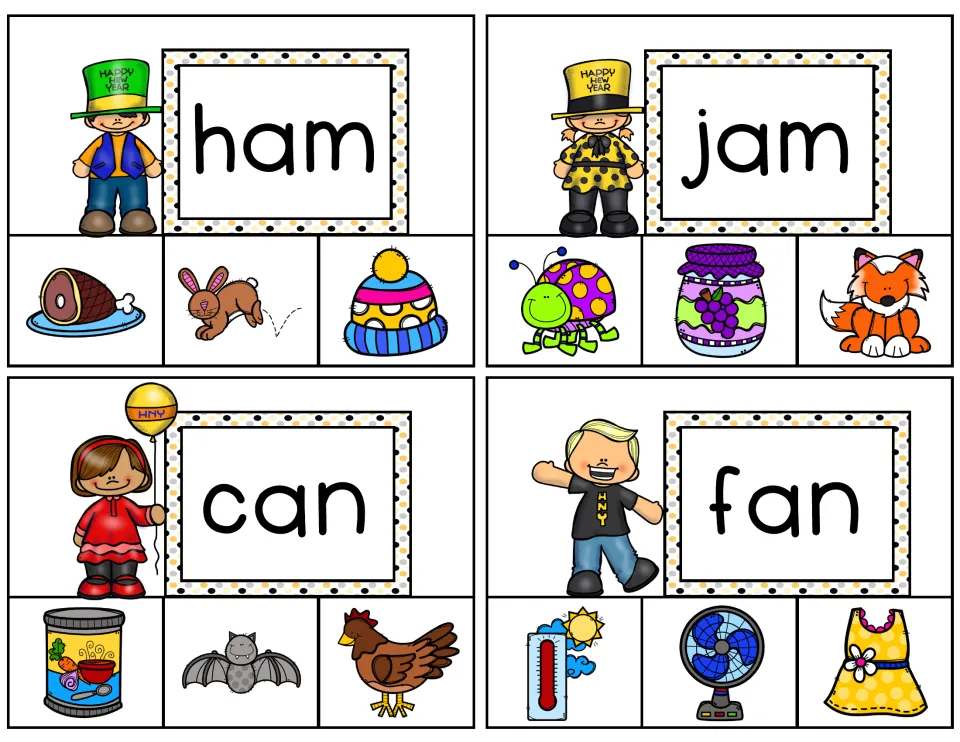 Short-a clip cards 9–12 feature ham, jam, can, and fan, each with three picture choices for word matching
