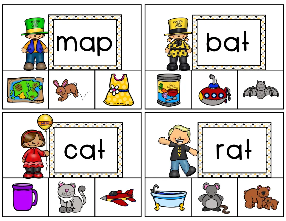 Short-a clip cards 13–16 feature map, bat, cat, and rat, each with three picture choices for word matching