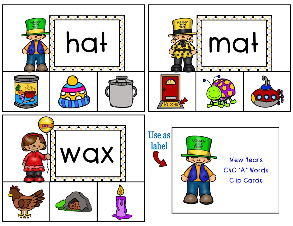 Short-a clip cards 17–19 feature hat, mat, and wax with three picture choices each, plus a storage label