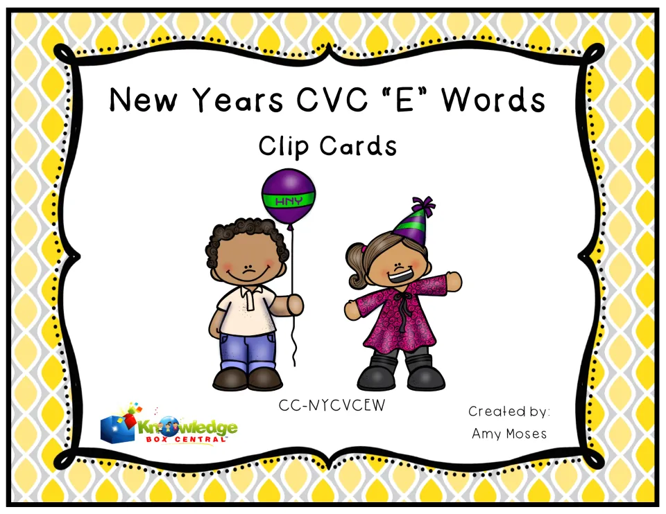 Cover of New Years CVC "E" Words Clip Cards by Amy Moses, showing two children with a party hat and an HNY balloon