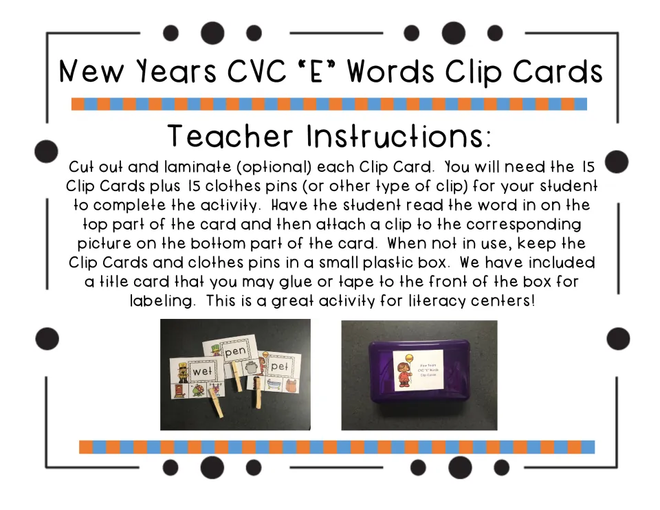 Teacher instructions: cut out and laminate 15 cards, add 15 clothespins, and store in a box; photos show clipped cards