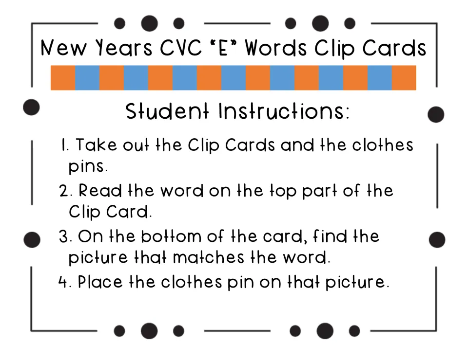 Student instructions in four steps: read the word on the card, find the matching picture and clip it with a clothespin