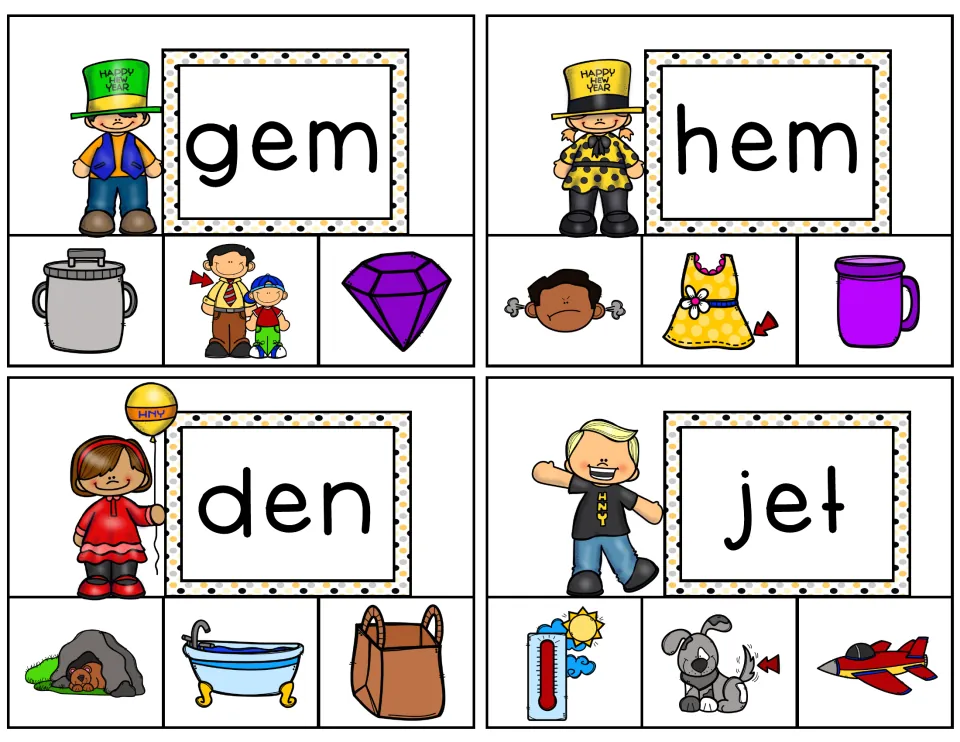 Short e word reading: students read gem, hem, den and jet and clip the matching picture from three choices on each card